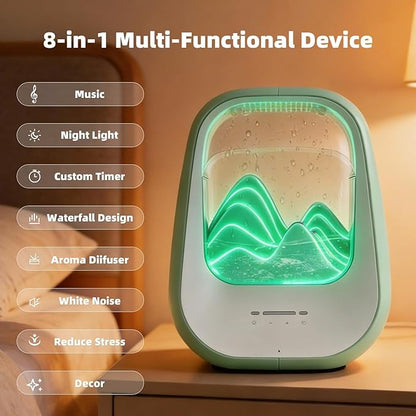 8-in-1 White Noise Sound Machine with Waterfall Design Essential Oil Diffuser Rain Sound Machine with Humidifier, Night Light, Help Stress Relief for Bedroom Office Decor Gift, Green