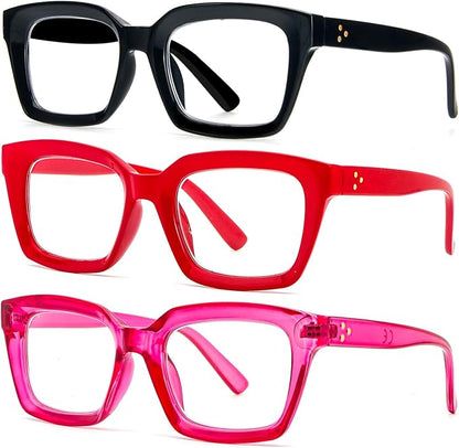 DXYXYO Oprah Style Reading Glasses Women 3.0 Blue Light Blocking, Square Oversized Computer Readers 3 Pack Retro Fashion, Pink+red+black