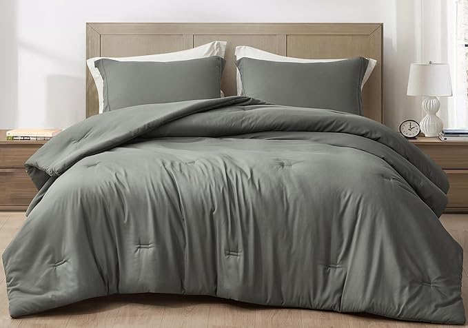 Chezmoi Collection Cliff 3-Piece Lightweight Cooling Comforter Set, King - Rayon Derived from Bamboo & Polyester Blended, Soft Breathable Bedding for Hot Sleepers, Dark Gray