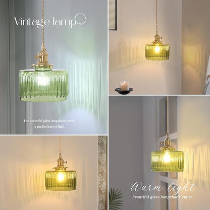 Vintage Wall Sconce Wall Lamp with Green Striped Shade Pattern Glass Adjustable Chain Retro Gold Wall Mounted Light, Modern Wall Lamp Fixtures Decor for Bedside Bedroom Indoor Doorway