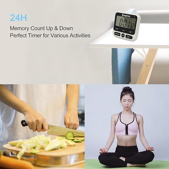 Digital Kitchen Timer - Empino Upgraded 24-Hours Cooking Timer Clock Countdown Multifunction with Big Digits, Loud Alarm, Magnetic Backing Stand, and Memory for Cooking Baking Exercise, White