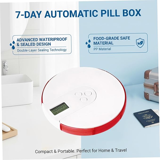 Automatic Pill Dispenser, 7 Day Pill Organizer with Large Digital Display & Alarm, Portable Travel Medicine Box for Vitamins & Medications Red