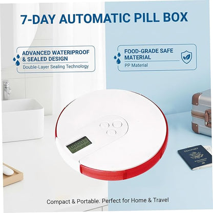 Automatic Pill Dispenser, 7 Day Pill Organizer with Large Digital Display & Alarm, Portable Travel Medicine Box for Vitamins & Medications Red