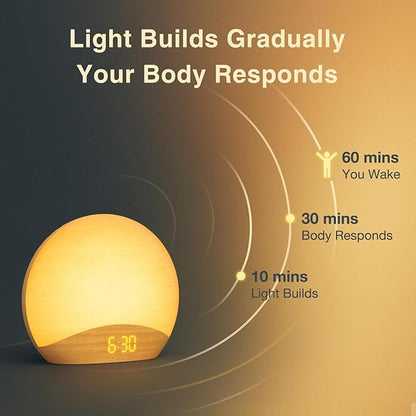 HOUSBAY Sunrise Alarm Clock for Bedroom – Natural Wake-Up Light, FM Radio & Bluetooth Speaker, Wood-Inspired Design, Dimmable Night Light for Adults & Phone-Free Mornings