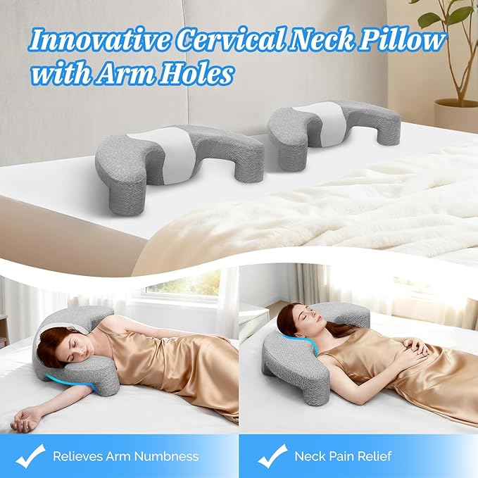Side Sleeper Pillow with Arm Channel for Shoulder, Neck & Rotator Cuff Pain Relief, Memory Foam Cervical Neck Pillow Also Comfortable for Back Sleepers (Gray & White)