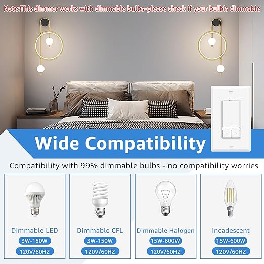 Smart Dimmer Switch, Single Pole with Neutral Wire Required, 2.4GHz WiFi Switch Work with Alexa & Google Home,Tuya APP No Hub Needed, 150W Max LED/CFL 600W Max Incandescent, ETL List, White,2 Pack