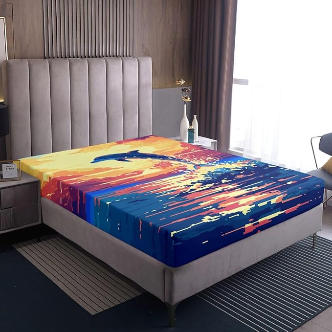 Pixel Dolphin Kids Twin Size Fitted Sheet,Ocean Cartoon Animal Sunset Boys Girls Bed Sheets,Video Games Pixel Blocks Room Decor,Blue Orange Bedding Set,1 Pillowcase(No Flat)
