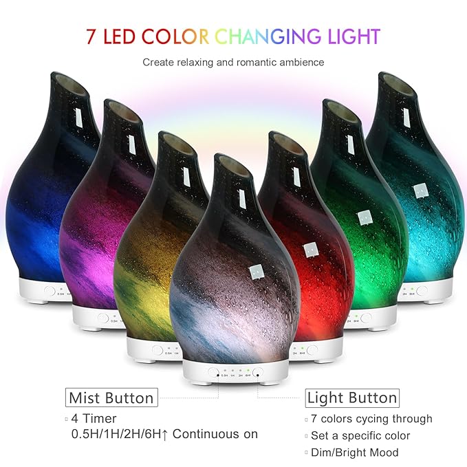 Aromatherapy Diffuser Essential Oil Diffuser - Glass Diffuser Ultrasonic Cool Mist Aroma Diffuser 150ml Scented Oil Diffuser with Auto-Off Protection & 7 Colors Night Light for Home Office Decor&Gift