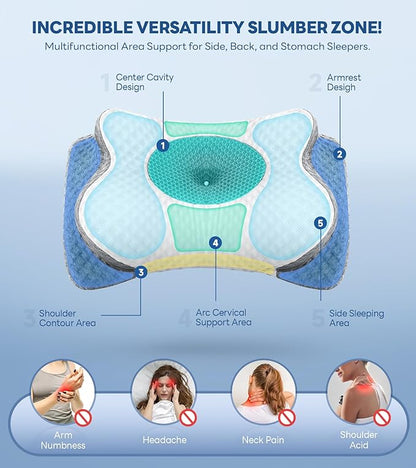No More Aches Neck Pillow for Pain Relief, Adjustable Cervical Pillow for Neck Support with Armrest,Odorless Ergonomic Contour Memory Foam Pillows,Orthopedic Bed Pillow for Side Back Stomach LightGrey