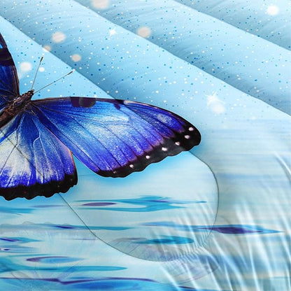 Fantasy Blue Themed Aesthetic Bedding Twin Comforter Set,Butterflies on Water with Falling Flowers Comforter Sets for Kids Girls Boys,Pretty Butterfly Pattern Bedding Sets with 2 Pillowcases.