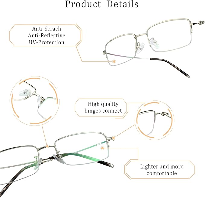 LifeArt Alloy Semi-Rimless Reading Glasses,Blue Light Blocking Glasses, Anti Eyestrain, Computer Gaming Glasses, TV Glasses for Men, Anti Glare (Silver, +3.75 Magnification)