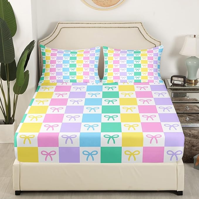 Cartoon Bowknot Kids Fitted Sheet Twin Size,Colorful Geometric Grids Plaids Bedding Set,Girls Women Room Decor,Cute Bow Tie Princess Dreamy Bed Cover,Simple Bed Sheet,1 Pillowcase(No Flat Sheet)