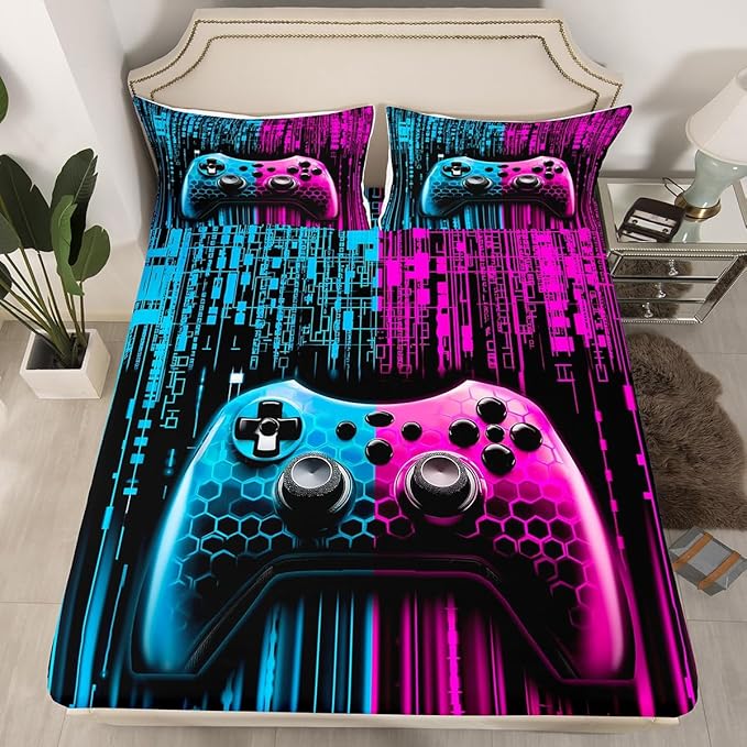 Manfei 3D Gamepad Kids Sheet Full Size,Videogaming Controller Bedding Set,Boys Girls Room Decor,Modern Geometric Honeycomb Hexagon Blue Pink Fashion Bed Sheet Set 4pcs(Fitted + Flat + 2 Pillowcases)