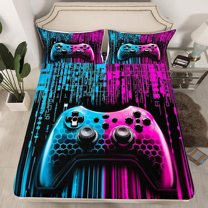 Manfei 3D Gamepad Kids Sheet Full Size,Videogaming Controller Bedding Set,Boys Girls Room Decor,Modern Geometric Honeycomb Hexagon Blue Pink Fashion Bed Sheet Set 4pcs(Fitted + Flat + 2 Pillowcases)