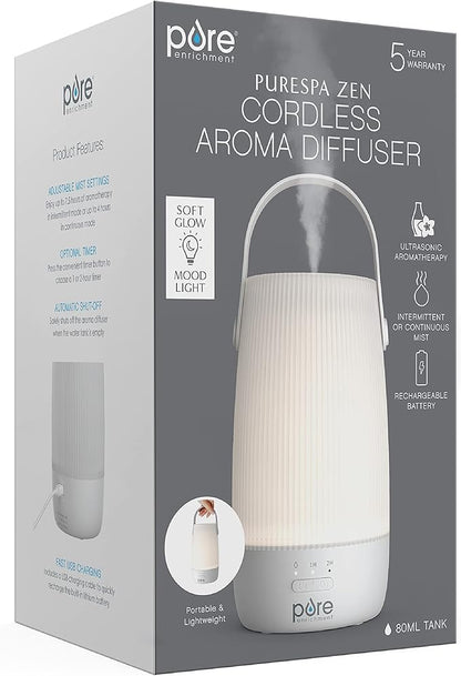 Pure Enrichment PureSpa Zen Cordless Essential Oil Diffuser & Light - Portable Travel-Friendly Aroma Diffuser Lasts 7.5 Hrs, Optional Mood Light, 2 Mist Settings, Optional Timer, & Auto Shut-Off