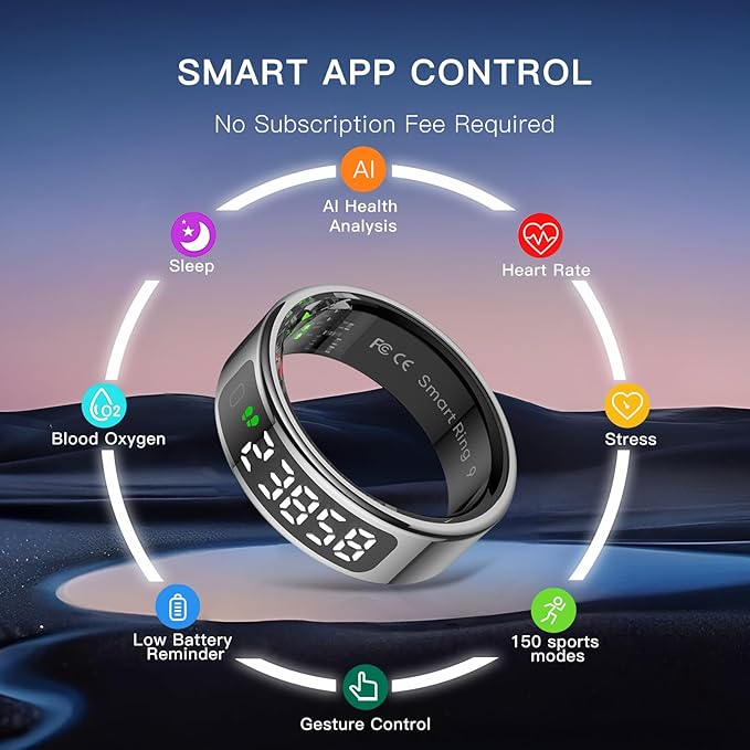 Smart Ring with Display Screen Health Tracker and Touch Button, Bluetooth Connection Health Monitor Tracks Heart Rate/Blood Oxygen/Sleep/Sports Activities, IP68 Waterproof (Gold, 12#)