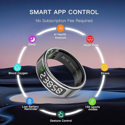 Smart Ring with LED Display Screen Health Tracker and Touch Button, Bluetooth Connection Health Ring Tracks/Sleep/Sports Activities, IP68 Waterproof (Black, 10#)