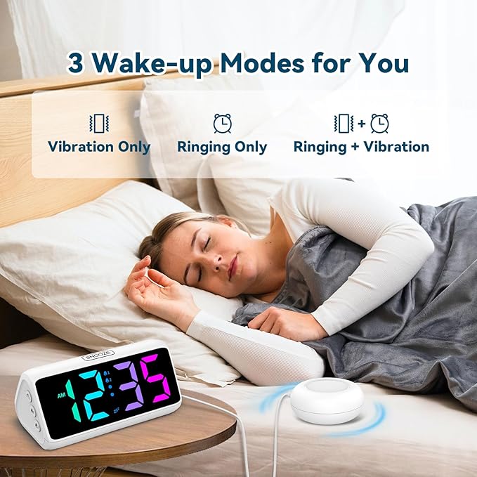 Netzu Loud Alarm Clock for Heavy Sleepers, Plug-in RGB Vibrating Alarm Clocks with Bed Shaker, 5 Dimmers, 2 Alarms and Snooze for Bedrooms Hearing Impaired Deaf Adults (White)