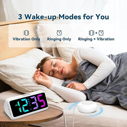 Netzu Loud Alarm Clock for Heavy Sleepers, Plug-in RGB Vibrating Alarm Clocks with Bed Shaker, 5 Dimmers, 2 Alarms and Snooze for Bedrooms Hearing Impaired Deaf Adults (White)