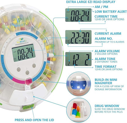 EziMedPil Automatic Pill Dispenser w/Audio & Visual Alerts, up to 6 Alarms/day, 6 Dosage Templates, Easy-Read LCD Display, Lock Medication Dispenser w/Key for Prescriptions, Vitamins & More, Clear Lid
