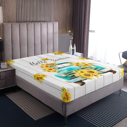 Sunflower Boys Girls Bed Sheets,Truck Flower Wooden Natural Room Decor,Floral Rustic Farmhouse Kids Twin Size Fitted Sheet,White Yellow Bedding Set,1 Pillowcase(No Flat)