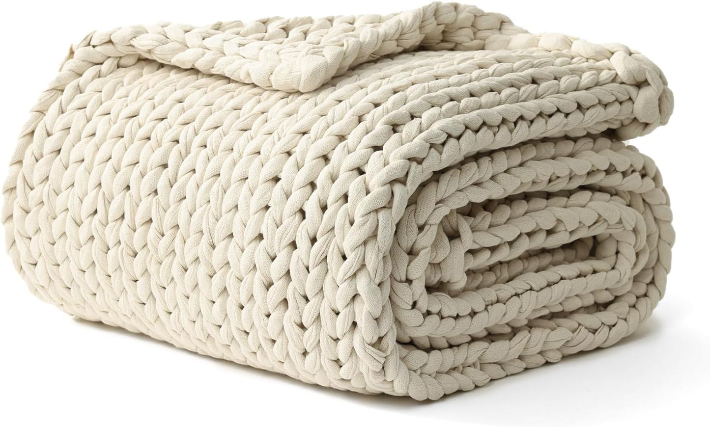 YnM Cotton Weighted Blanket, Handmade Chunky Knitted Design, Soft and Cozy, Temperature Regulating and Breathable, Machine Washable Throw for Sleep or Home Decor (Cream White, 50x60 Inch, 15lbs)