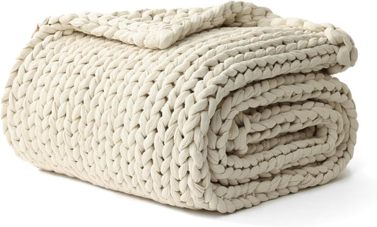 YnM Cotton Weighted Blanket, Handmade Chunky Knitted Design, Soft and Cozy, Temperature Regulating and Breathable, Machine Washable Throw for Sleep or Home Decor (Cream White, 60x80 Inch, 25lbs)