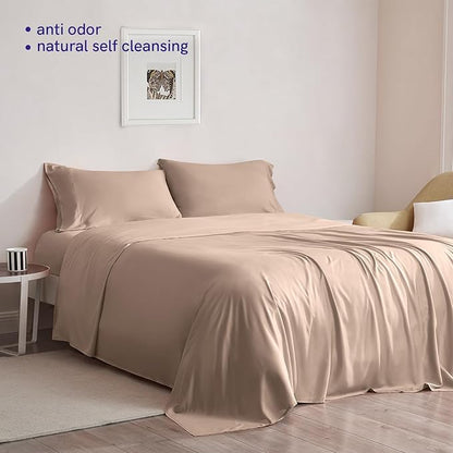 YnM Cooling Bed Sheet Set with 100 Percent Rayon Derived from Bamboo, 400TC Fabric with 1 Pillowcase and Flat Sheet, Deep Pocket Fit 19'', Silky-Soft & Sweat Wicking, 3 Piece (Twin XL,Brown)