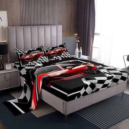 Manfei Red Race Car Sheet Set Full Black and White Grid Bedding for Kids Teens Room Decor,Soft Breathable Extreme Sport Bed Sheet Set 4pcs with Deep Pocket Fitted Sheet + Flat Sheet + 2 Pillowcases
