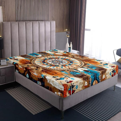 Dream Catcher Kids Twin Size Fitted Sheet,Aztec Western Tribal Boho Boys Girls Bed Sheets,Rustic Farmhouse Feather Room Decor,Brown Blue Bedding Set,1 Pillowcase(No Flat)