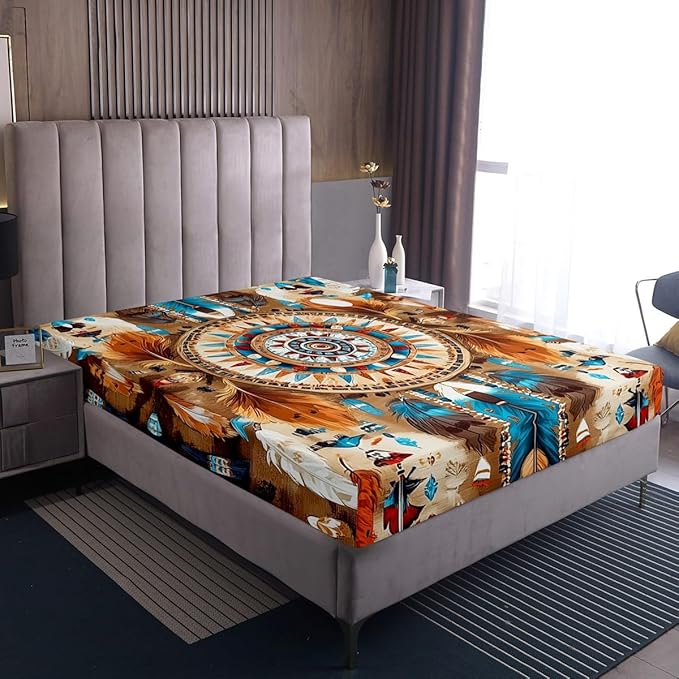 Dream Catcher Kids Full Size Fitted Sheet,Aztec Western Tribal Boho Boys Girls Bed Sheets,Rustic Farmhouse Feather Room Decor,Brown Blue Bedding Set,2 Pillowcases(No Flat)