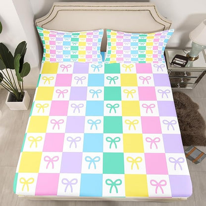 Cartoon Bowknot Kids Fitted Sheet Queen Size,Colorful Geometric Grids Plaids Bedding Set,Girls Women Room Decor,Cute Bow Tie Princess Dreamy Bed Cover,Simple Bed Sheet,2 Pillowcases(No Flat Sheet)