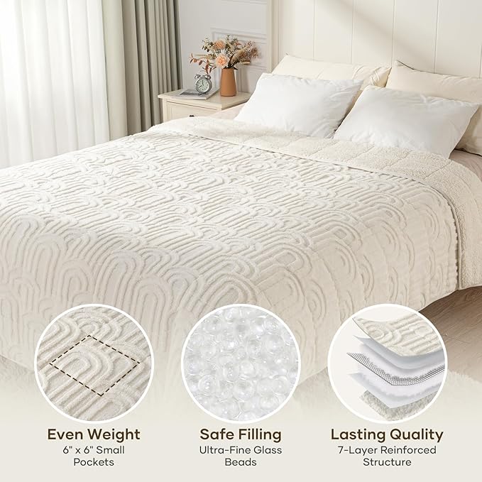 Cottonblue Jacquard Weighted Blanket for Adults 20 lbs Queen Size, Soft Fluffy Sherpa Fleece Weighted Throw Blankets 60" x 80" for Sleep Relax, Fuzzy Warm Arch Heavy Blanket for Bed Couch, Cream White