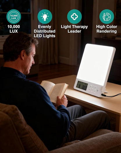 BAOMING Light Therapy Lamp 10000 Lux Brightness-UV Free,Blue Lighting Improve Sleep Quality,Whit Lighting Imitation of Sunlight,Display,4 Periods Timer Function,5 Levels Brightness Adjustment, 1-Pack
