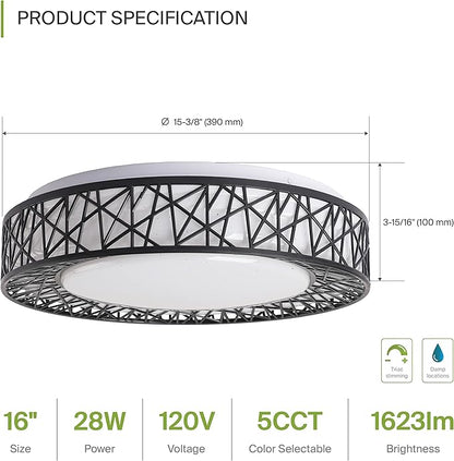 ASD 16 Inch LED Flush Mount Ceiling Light Fixture for Bedroom, 28W 1576LM 5CCT 2700K-5000K, Triac Dimmable Lights, Dining, Living Room, Kitchen Lamps, Modern Home Lighting Fixtures, Black, ETL