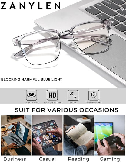 Blue Light Glasses Men Rectangle Large Browline Computer Gaming Glasses Blue Blocker Anti-Glare UV400 Protection Clear Lens