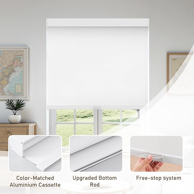 AOSKY Linen Roller Blinds Shades for Indoor Windows Pull Down Cordless Blackout Black Out Window Shade 29 Inch Blinds for Home White