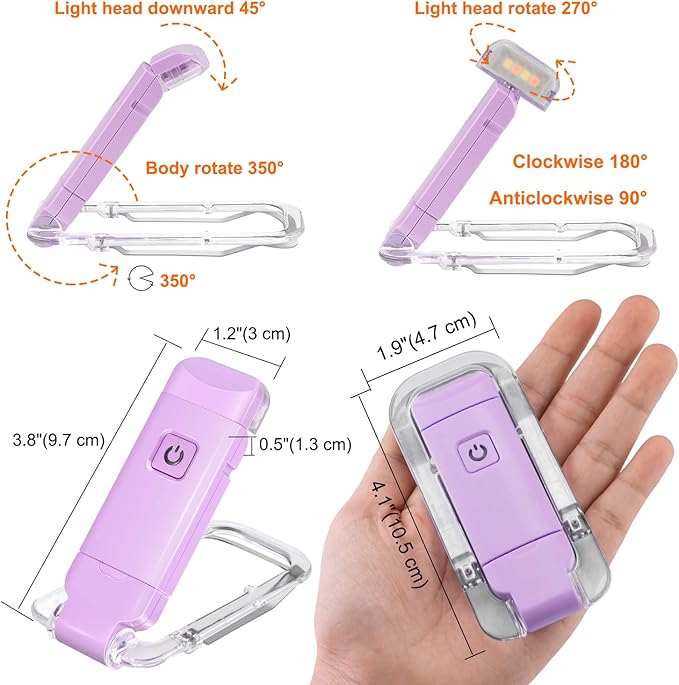 BIGLIGHT Amber Book Reading Light, LED Clip on Book Lights, Reading Lights for Books in Bed, Small Book Light for Kids, USB Rechargeable, 2 Brightness Adjustable for Eye Protection, Lavender