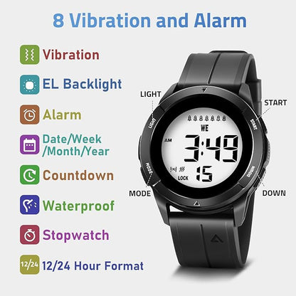 TICCI Men Unisex 8 Vibrating Alarms Watch for Elderly Seniors, Medication Aids Pill Reminder, Big Digits, Waterproof, Vibra Alert Notification,
