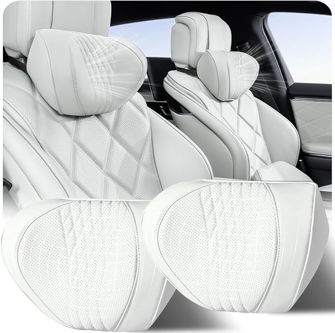 Car Neck Pillow 2-Pack - Premium Memory Foam Headrest with Soft Nappa Leather Feel, Ergonomic Support for Long Drives, Fits Most Vehicles (2, Grey)