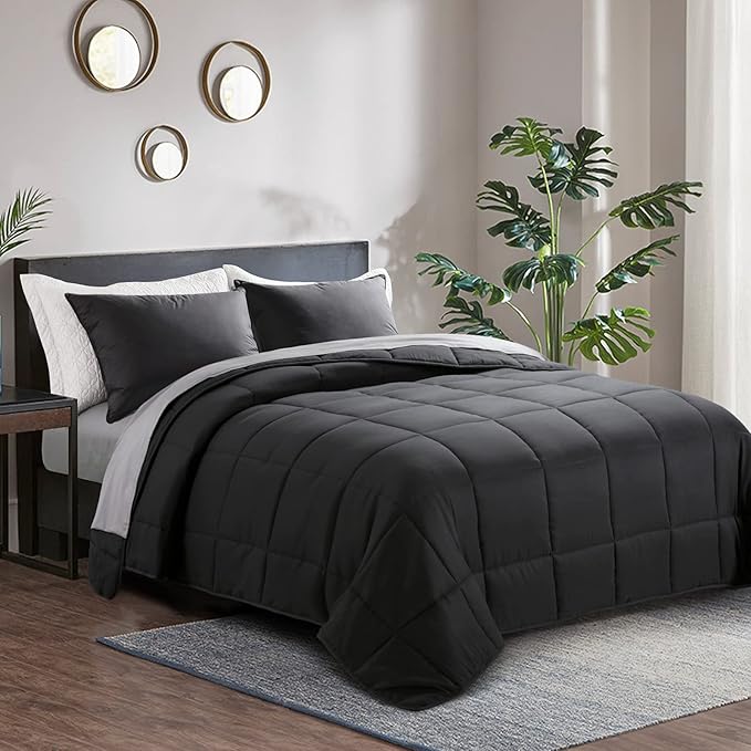 HOMBYS Oversized King Comforter 128x120, Lightweight Quilted Down Alternative Duvet Insert for All Season,Black,8 Corner Tabs