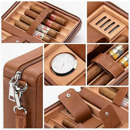 Cigar Humidor Box, Cedar Wood Lined Leather Cigar Case Build in Hygrometer and Humidifier, Travel Cigar humidor kit, Cigar Accessories Set for Man.