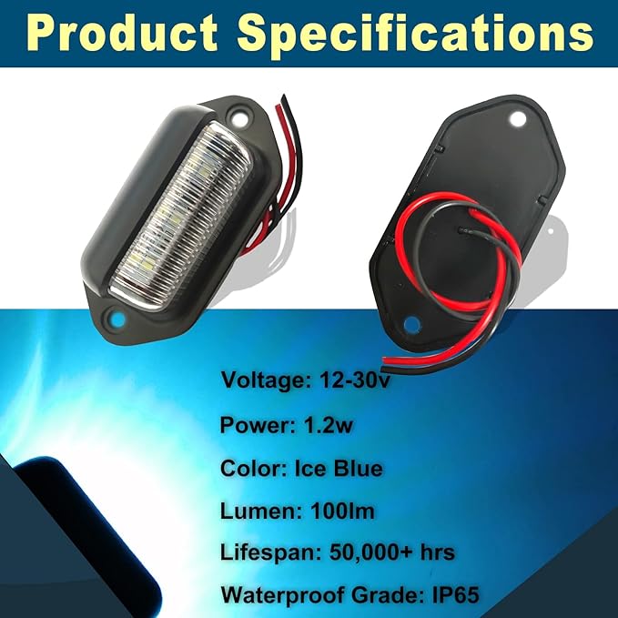 4PCS Ice Blue LED License Plate Light, 12V-24V Waterproof 6-SMD License Plate Lamp Taillight, Universal for Truck SUV Trailer Van RV Boats as Step Courtesy Light, Dome/Cargo Lights or Under Hood Light