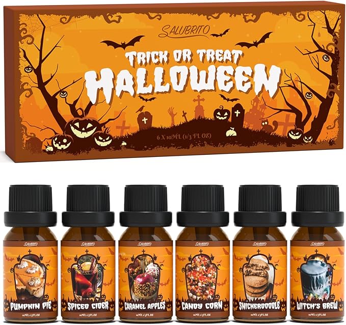 SALUBRITO Halloween Fragrance Oils Set, Funny Essential Oils Gift Set for Diffuser, Candle, Soap Making Scents, Pumpkin Pie, Spiced Cider, Caramel Apples, Candy Corn, Snickerdoodle, Witch's Brew