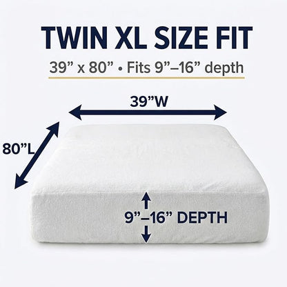 Twin Extra Long (XL) Mattress Protector - Zippered Waterproof Mattress Cover - Deep Pocket Encasement with Cotton Terry Top