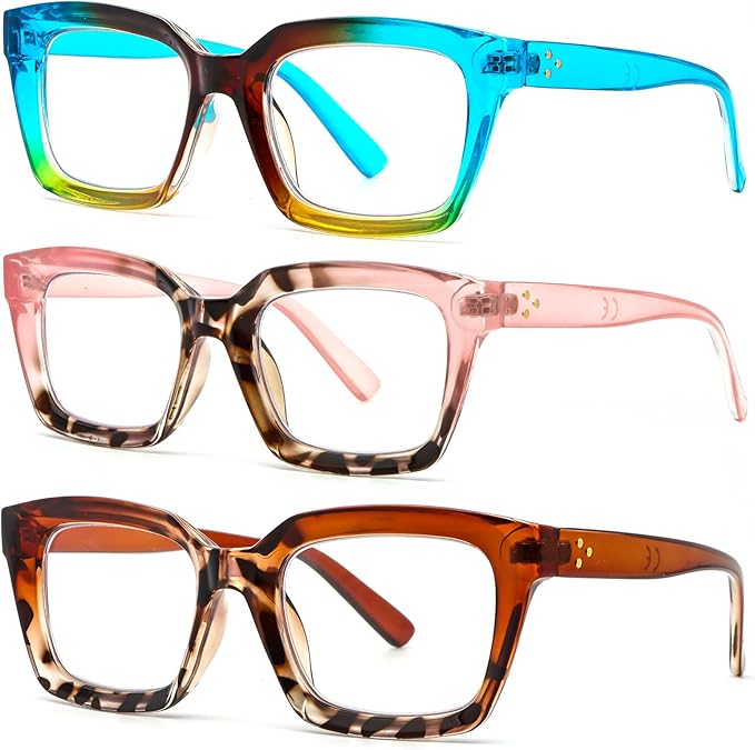 DXYXYO Reading Glasses 1.75 Women Blue Light Blocking, Oprah Style Square Oversized Computer Readers 3 Pack Retro Fashion, Blue+pink+brown