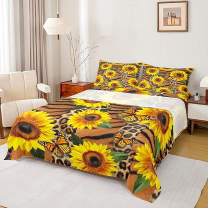 Manfei Brown Leopard Print Sheet Set Full Sunflower Butterfly Bedding for Kids Teens Room Decor,Plant Animal Soft Bed Sheet Set 4pcs with Deep Pocket Fitted Sheet + Flat Sheet + 2 Pillowcases