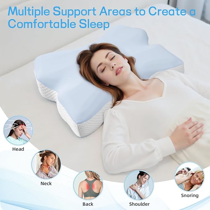 Cervical Neck Pillow for Pain Relief, Ergonomic Neck Support Pillow for Side Sleeper, Contour Memory Foam Pillows with Cooling Pillowcase Orthopedic Bed Pillow for Back Stomach Sleepers, Sky Blue