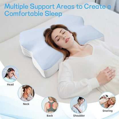 Cervical Neck Pillow for Pain Relief, Ergonomic Neck Support Pillow for Side Sleeper, Contour Memory Foam Pillows with Cooling Pillowcase Orthopedic Bed Pillow for Back Stomach Sleepers, Sky Blue