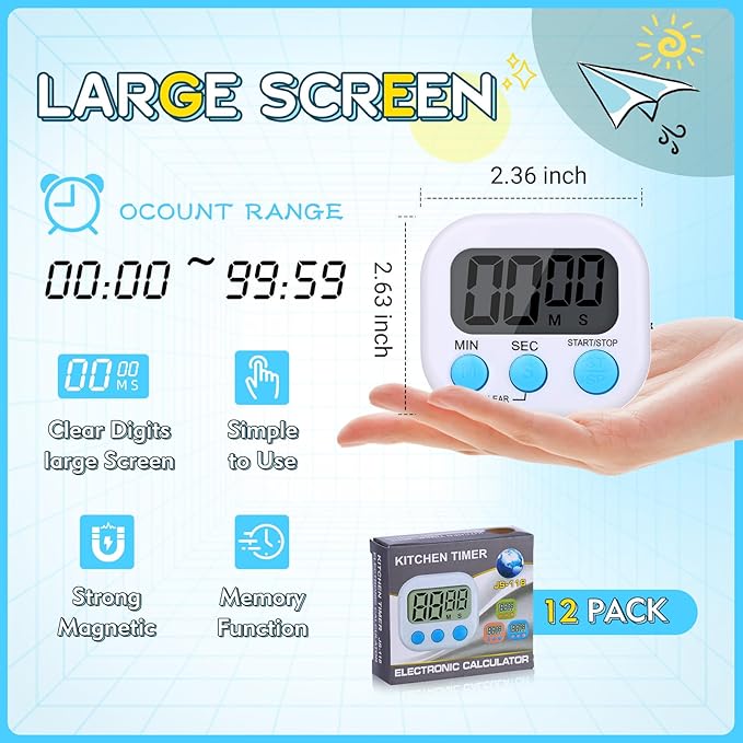 Mwellewm 12Pcs Digital Timers for Classroom Kitchen Timers for Cooking Small Magnetic Stopwatch Mini Countdown Timer Loud Alarm Stop for Study Work Baking Sports Games Office Timer Clock (White)